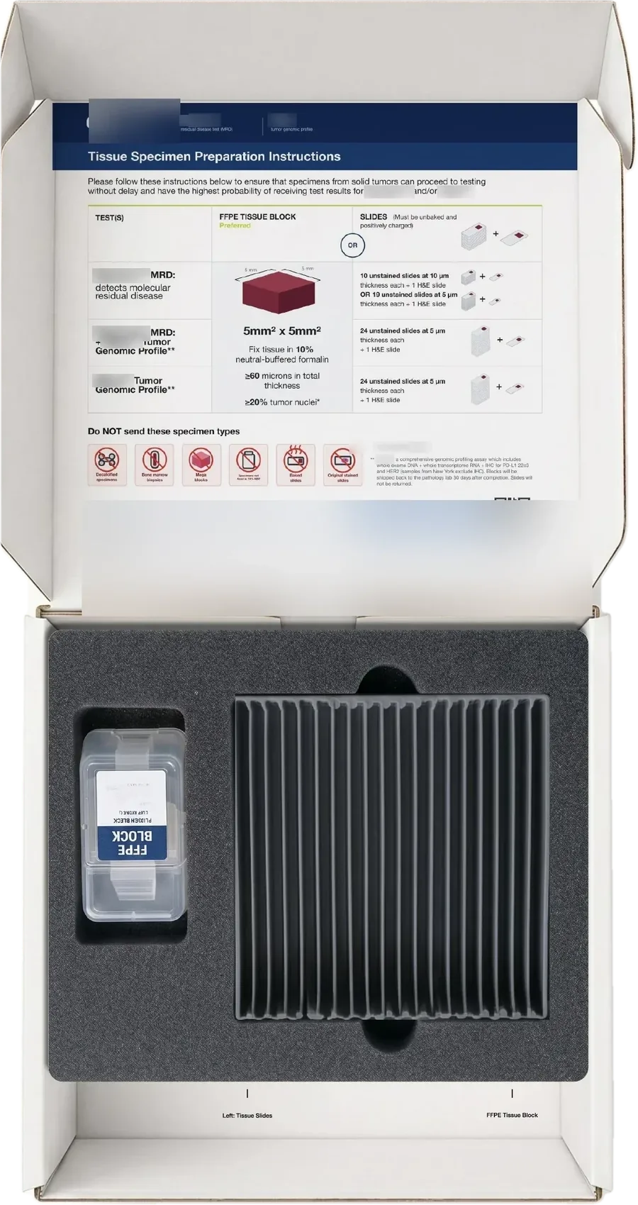 The insert holding a slide holder in the large cavity and a tissue block container in the small cavity.