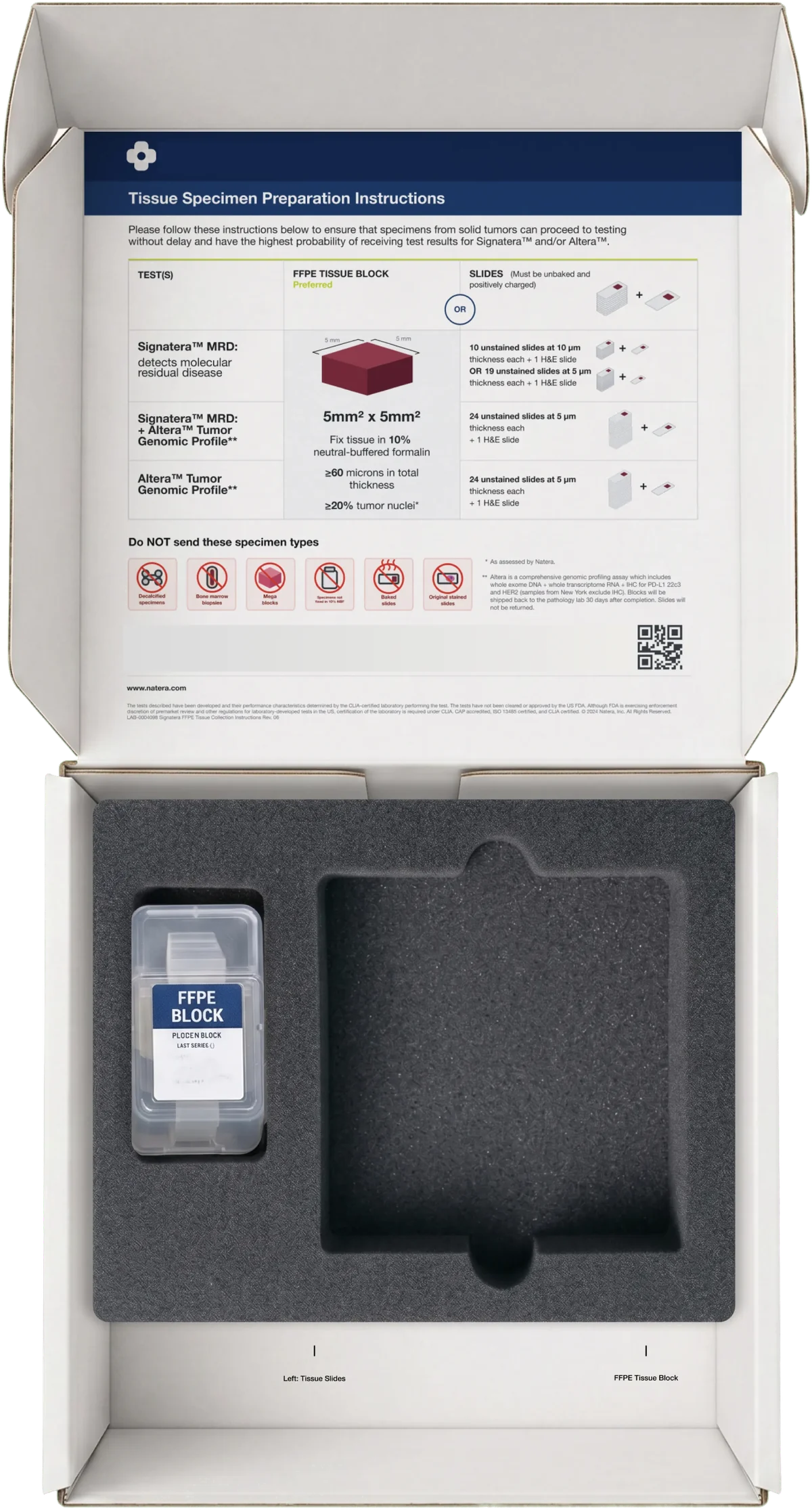 A specimen kit opened flat: the printed tissue preparation instructions in the lid, the moulded foam insert below it with an FFPE block cassette seated in its well.