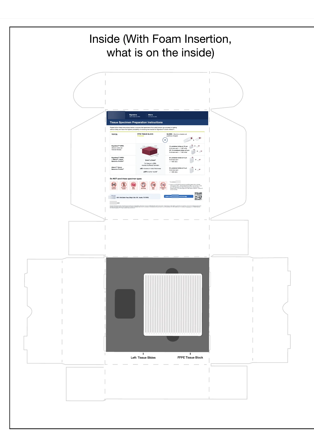 The inside dieline with artwork in place: the redesigned instruction sheet on the inner lid panel, and the foam insert drawn on the base panel with a slide holder in the large cavity, labelled Left: Tissue Slides and FFPE Tissue Block.