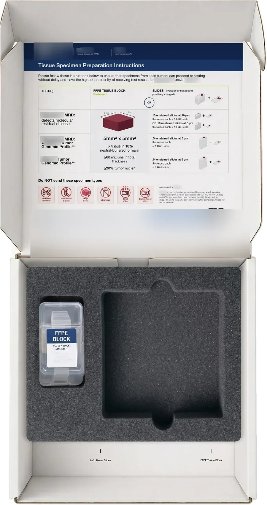 The insert holding a tissue block container in the small cavity, with the large cavity empty.