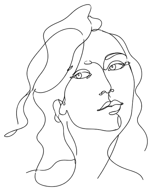 Single-line drawing of Maya Patel, looking slightly away from the viewer.
