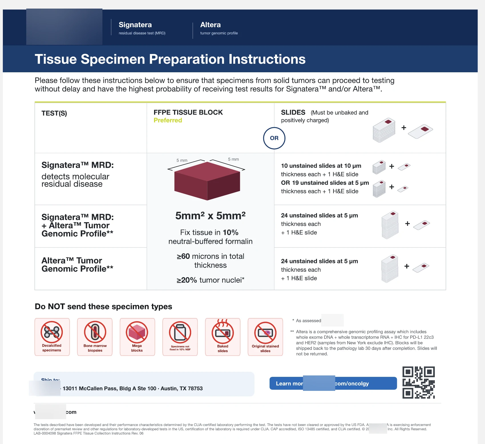 The redesigned sheet. The block specification is one cell spanning all three rows, the slide counts sit in the right-hand column with an illustration each, and a Do NOT send row of six icons sits under the table.