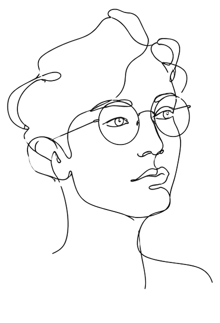 Single-line drawing of Jordan Lee, wearing round glasses.